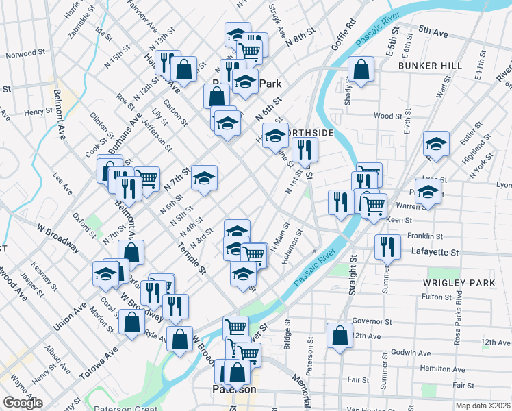 map of restaurants, bars, coffee shops, grocery stores, and more near 67 Garfield Avenue in Paterson