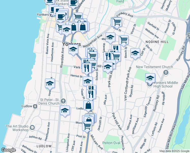 map of restaurants, bars, coffee shops, grocery stores, and more near 30 Herriot Place in Yonkers