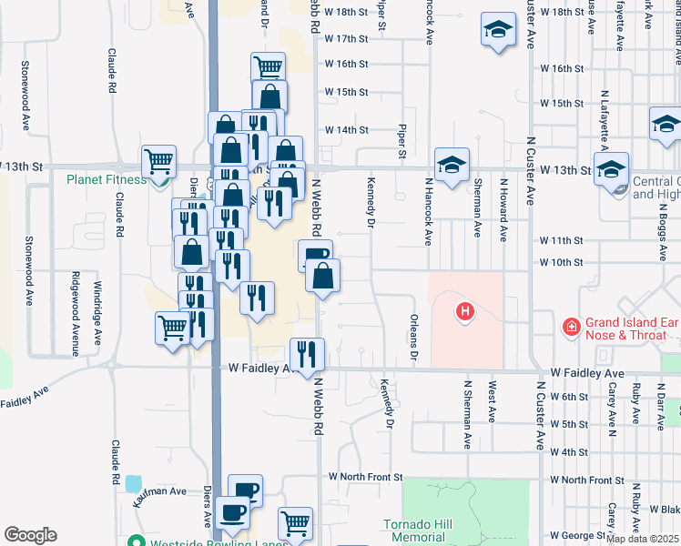 map of restaurants, bars, coffee shops, grocery stores, and more near 3298 Kennedy Way in Grand Island