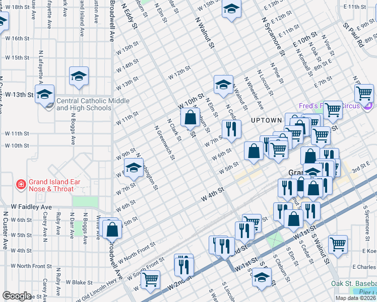 map of restaurants, bars, coffee shops, grocery stores, and more near 817 West 7th Street in Grand Island