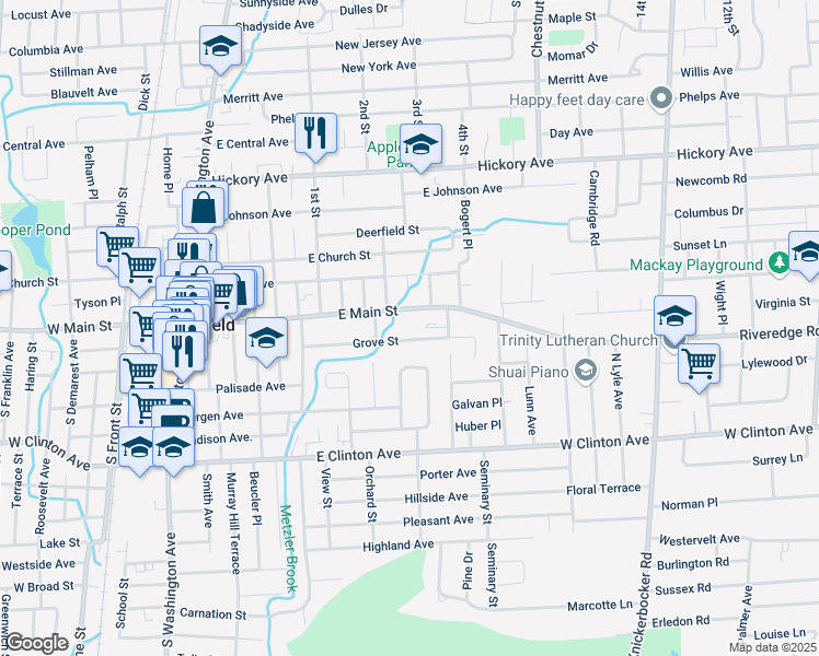 map of restaurants, bars, coffee shops, grocery stores, and more near 93 Grove Street in Bergenfield