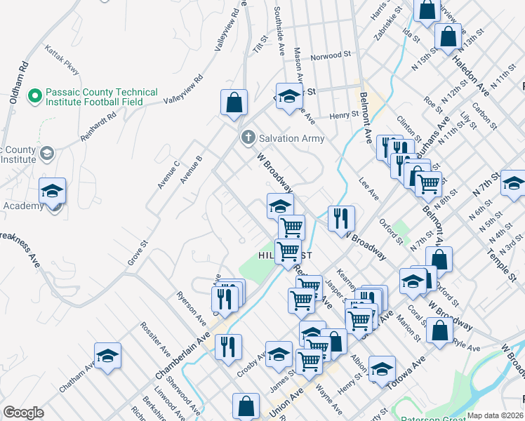 map of restaurants, bars, coffee shops, grocery stores, and more near 19 Carrelton Drive in Paterson