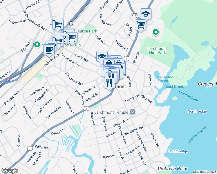 map of restaurants, bars, coffee shops, grocery stores, and more near in Larchmont