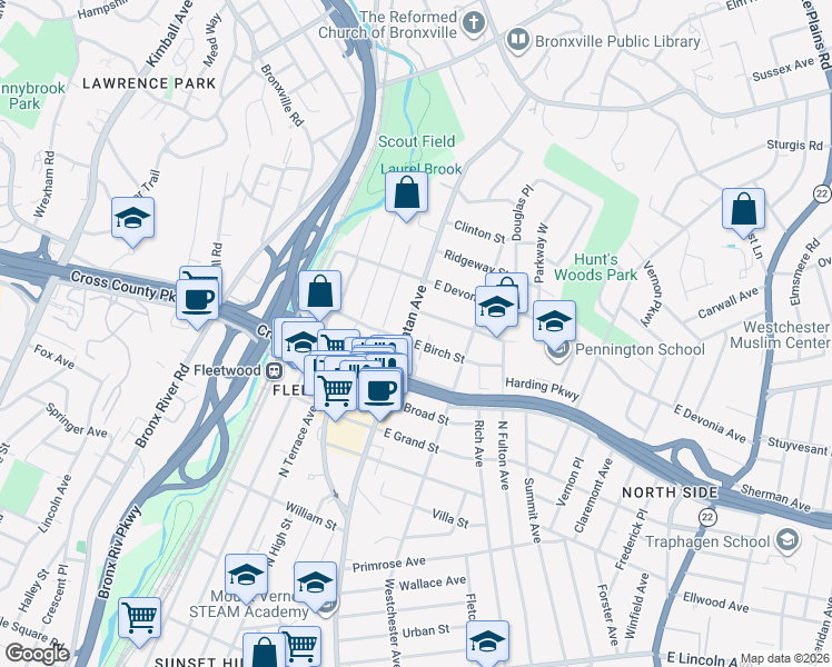 map of restaurants, bars, coffee shops, grocery stores, and more near 12 East Birch Street in Mount Vernon