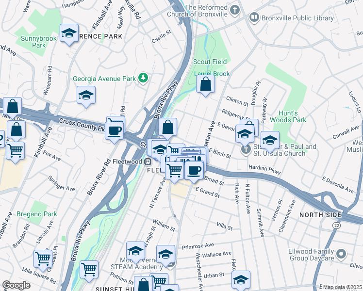 map of restaurants, bars, coffee shops, grocery stores, and more near 280 Collins Avenue in Mount Vernon