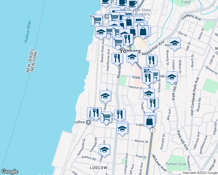 map of restaurants, bars, coffee shops, grocery stores, and more near 156 Hawthorne Avenue in Yonkers