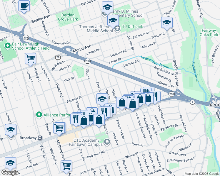 map of restaurants, bars, coffee shops, grocery stores, and more near 229 33rd Street in Fair Lawn