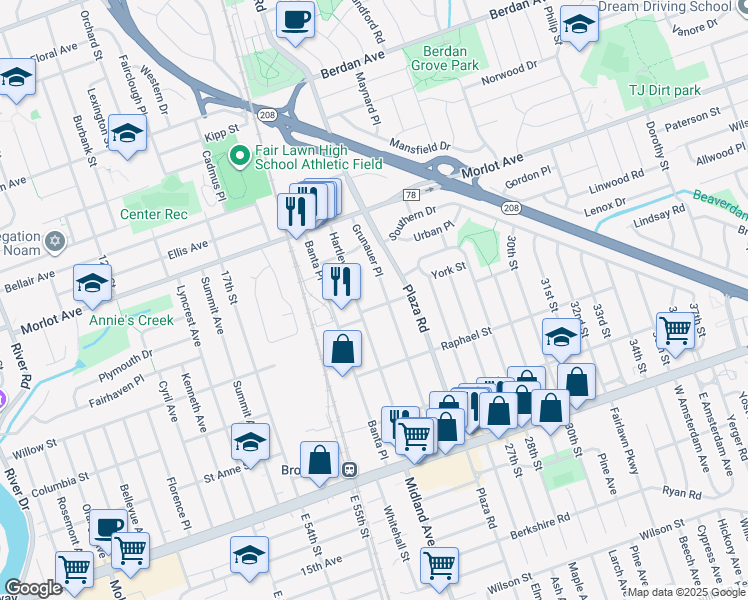 map of restaurants, bars, coffee shops, grocery stores, and more near 22 Grunauer Place in Fair Lawn