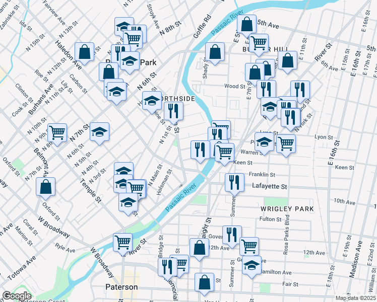 map of restaurants, bars, coffee shops, grocery stores, and more near 44 Watson Street in Paterson