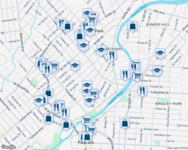 map of restaurants, bars, coffee shops, grocery stores, and more near 67 Garfield Avenue in Paterson