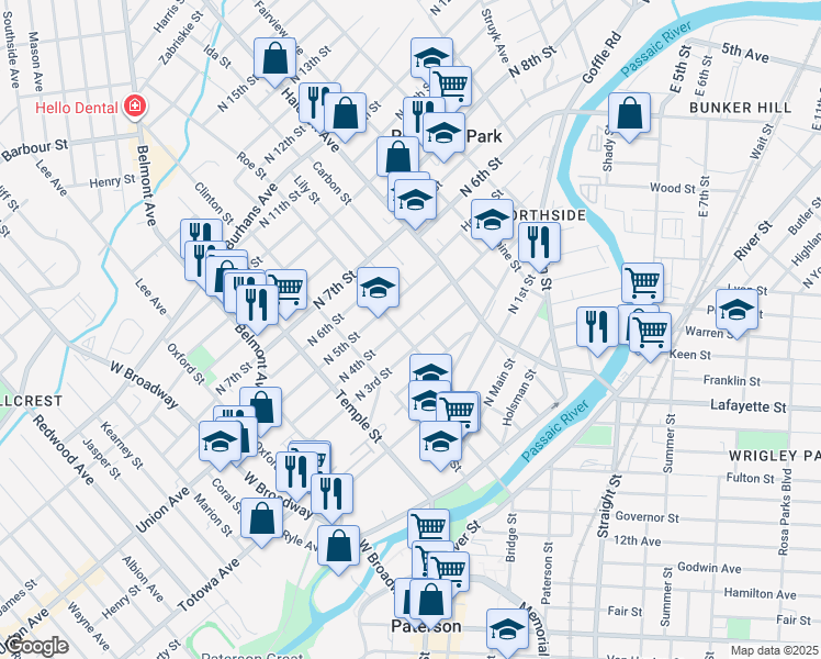 map of restaurants, bars, coffee shops, grocery stores, and more near 121 North 3rd Street in Paterson