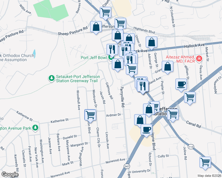 map of restaurants, bars, coffee shops, grocery stores, and more near 51 Gaymore Road in Port Jefferson Station