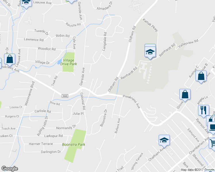 map of restaurants, bars, coffee shops, grocery stores, and more near 17 Oldham Road in Wayne