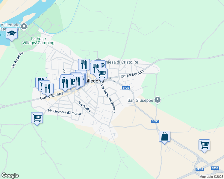 map of restaurants, bars, coffee shops, grocery stores, and more near 19 Via Alcide De Gasperi in Valledoria