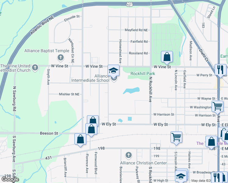 map of restaurants, bars, coffee shops, grocery stores, and more near 701 Johnson Avenue in Alliance