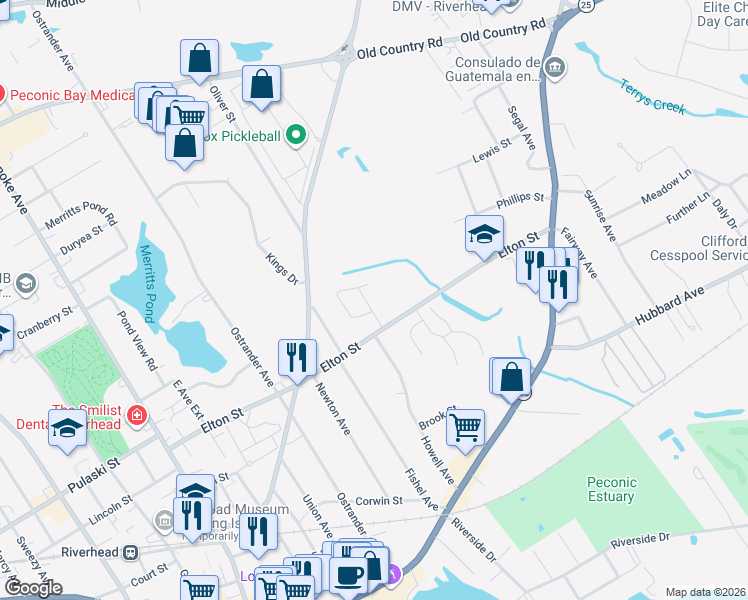 map of restaurants, bars, coffee shops, grocery stores, and more near 412 North Howell Avenue in Riverhead
