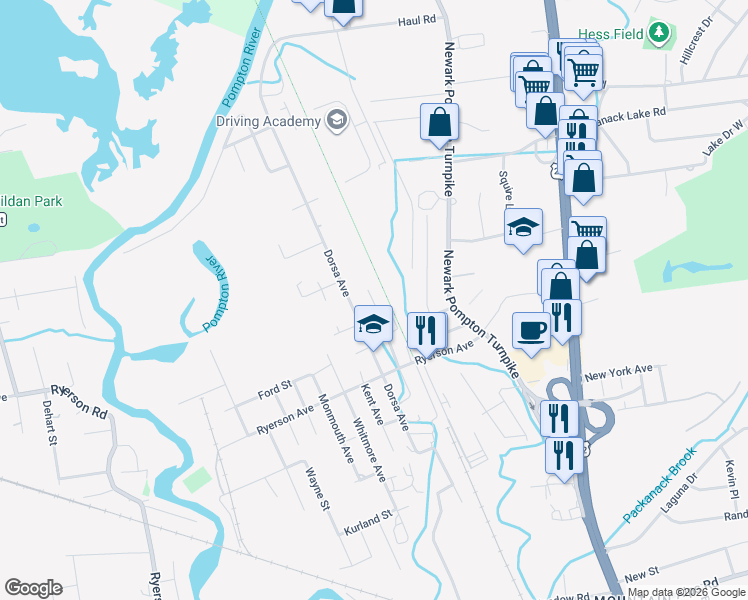 map of restaurants, bars, coffee shops, grocery stores, and more near 12 Leo Place in Wayne
