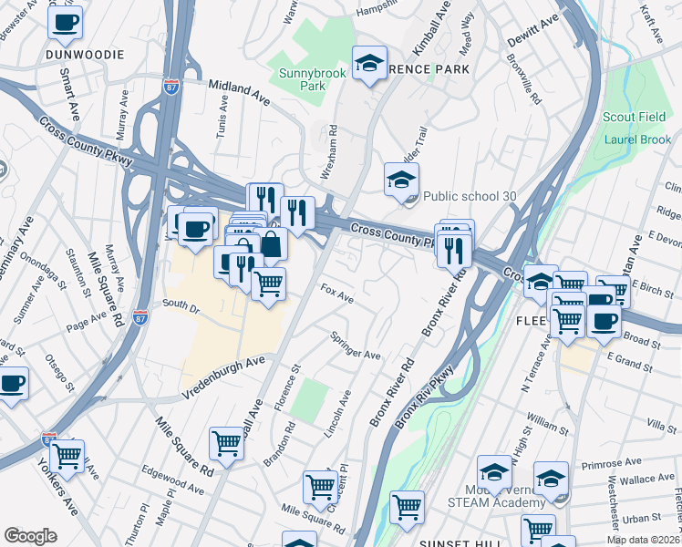 map of restaurants, bars, coffee shops, grocery stores, and more near 1304 Midland Avenue in Yonkers