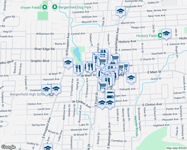 map of restaurants, bars, coffee shops, grocery stores, and more near 72 West Main Street in Bergenfield