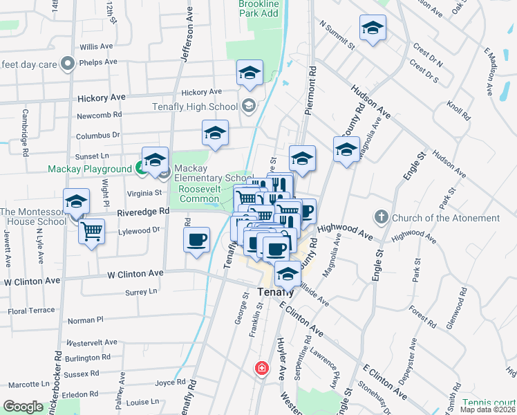 map of restaurants, bars, coffee shops, grocery stores, and more near 38 West Railroad Avenue in Tenafly