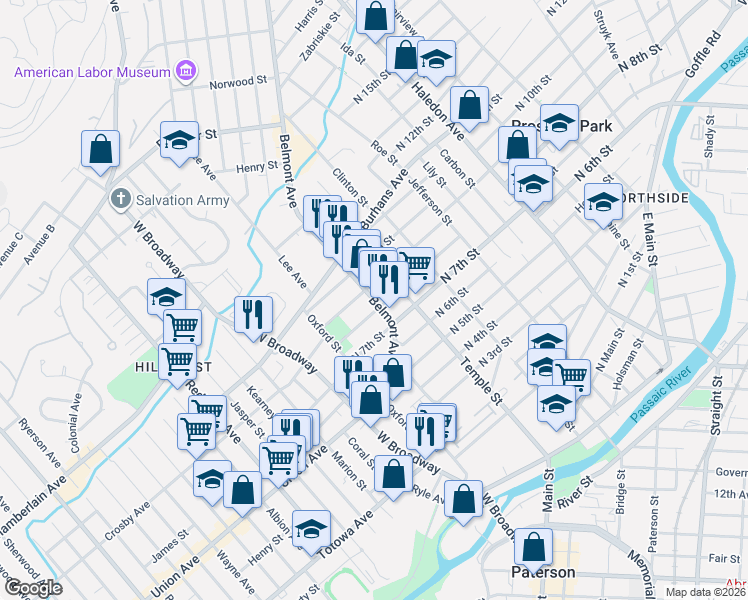 map of restaurants, bars, coffee shops, grocery stores, and more near 34 North 9th Street in Paterson