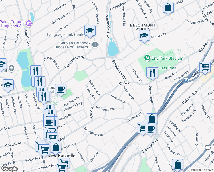 map of restaurants, bars, coffee shops, grocery stores, and more near 292 5th Avenue in New Rochelle