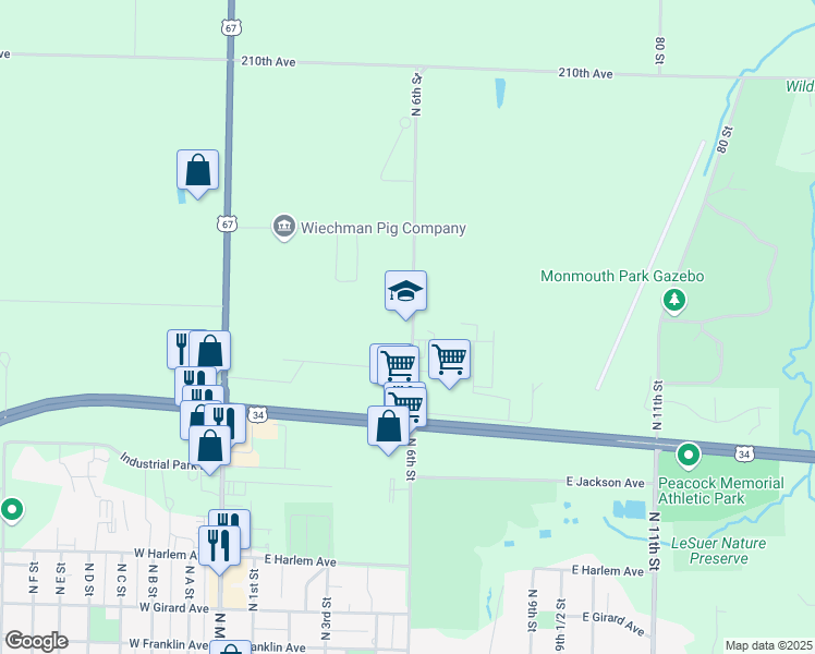 map of restaurants, bars, coffee shops, grocery stores, and more near 1291 North 6th Street in Monmouth
