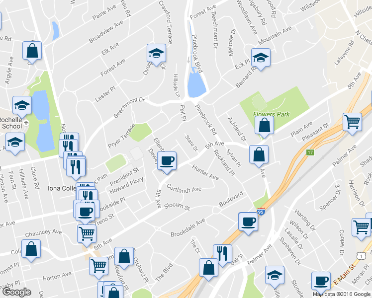 map of restaurants, bars, coffee shops, grocery stores, and more near 292 5th Avenue in New Rochelle