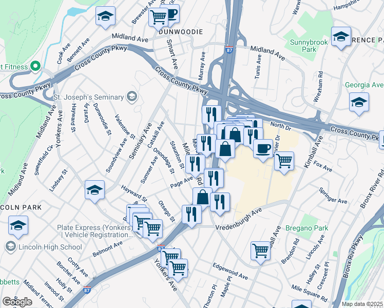 map of restaurants, bars, coffee shops, grocery stores, and more near 68 Staunton Street in Yonkers