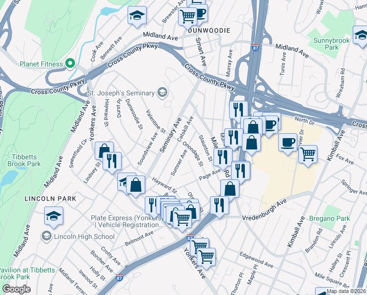map of restaurants, bars, coffee shops, grocery stores, and more near 59 Sumner Avenue in Yonkers