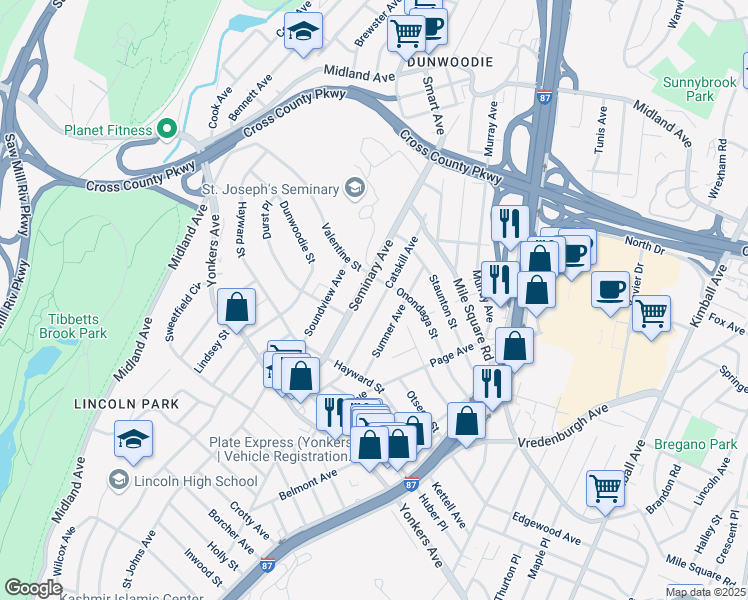 map of restaurants, bars, coffee shops, grocery stores, and more near 59 Sumner Avenue in Yonkers