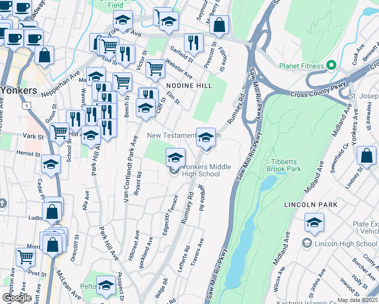 map of restaurants, bars, coffee shops, grocery stores, and more near in Yonkers