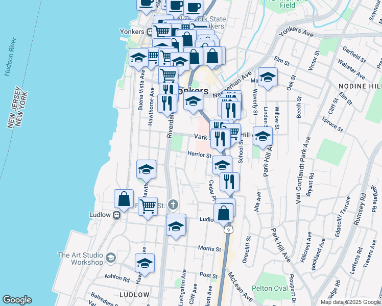 map of restaurants, bars, coffee shops, grocery stores, and more near 64 Jackson Street in Yonkers