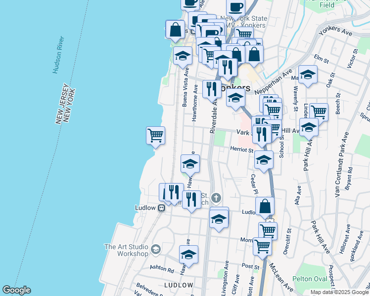 map of restaurants, bars, coffee shops, grocery stores, and more near 221 Buena Vista Avenue in Yonkers