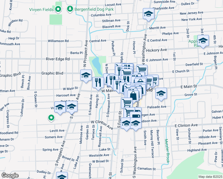 map of restaurants, bars, coffee shops, grocery stores, and more near 72 West Main Street in Bergenfield