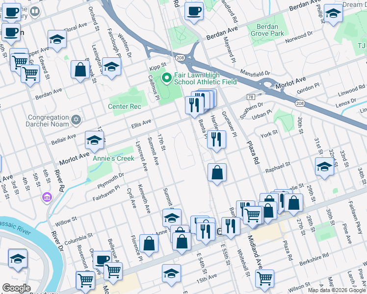 map of restaurants, bars, coffee shops, grocery stores, and more near 4-46 Boyd Avenue in Fair Lawn