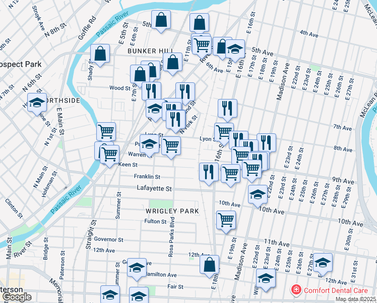 map of restaurants, bars, coffee shops, grocery stores, and more near 163 Warren Street in Paterson