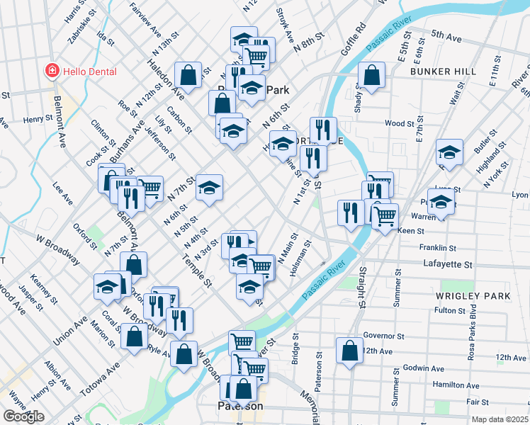 map of restaurants, bars, coffee shops, grocery stores, and more near 67 Garfield Avenue in Paterson