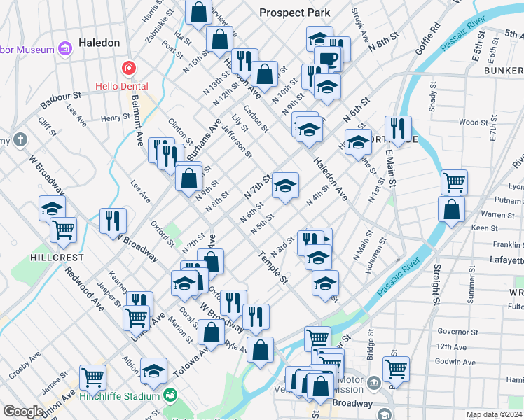 map of restaurants, bars, coffee shops, grocery stores, and more near 71-73 North 5th Street in Paterson
