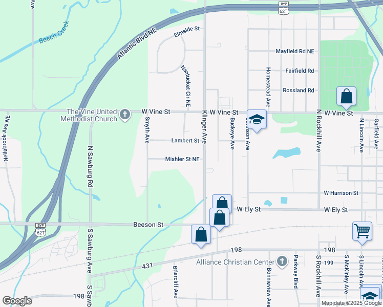 map of restaurants, bars, coffee shops, grocery stores, and more near 1350 Mishler Street in Alliance
