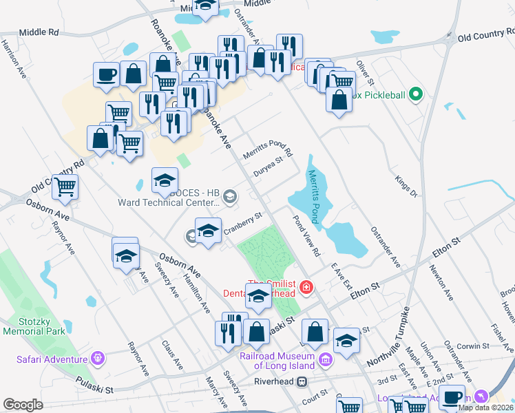 map of restaurants, bars, coffee shops, grocery stores, and more near 951 Roanoke Avenue in Riverhead