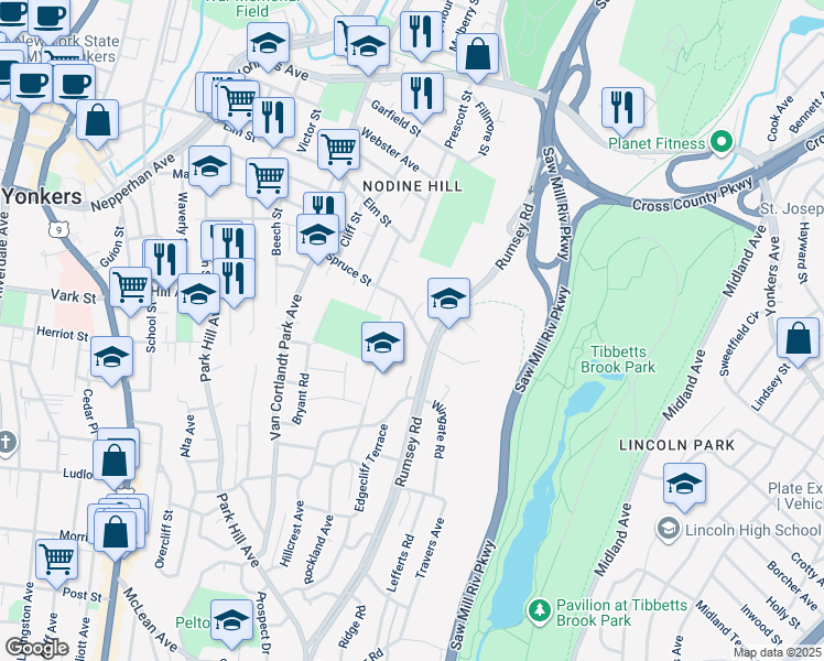 map of restaurants, bars, coffee shops, grocery stores, and more near in Yonkers