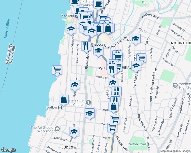 map of restaurants, bars, coffee shops, grocery stores, and more near 60 Herriot Street in Yonkers