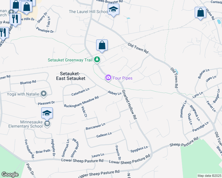 map of restaurants, bars, coffee shops, grocery stores, and more near 5 Abbey Lane in Setauket- East Setauket