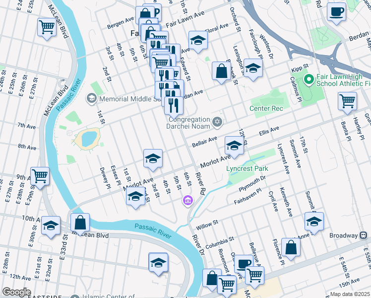 map of restaurants, bars, coffee shops, grocery stores, and more near 7-18 River Road in Fair Lawn