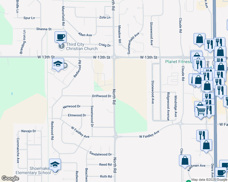 map of restaurants, bars, coffee shops, grocery stores, and more near 1014 North Road in Grand Island