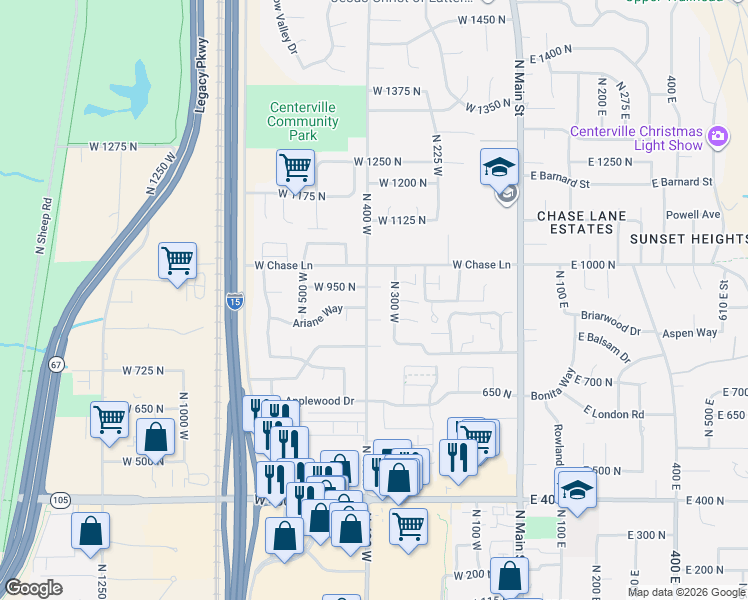 map of restaurants, bars, coffee shops, grocery stores, and more near 914 North 400 West in Centerville