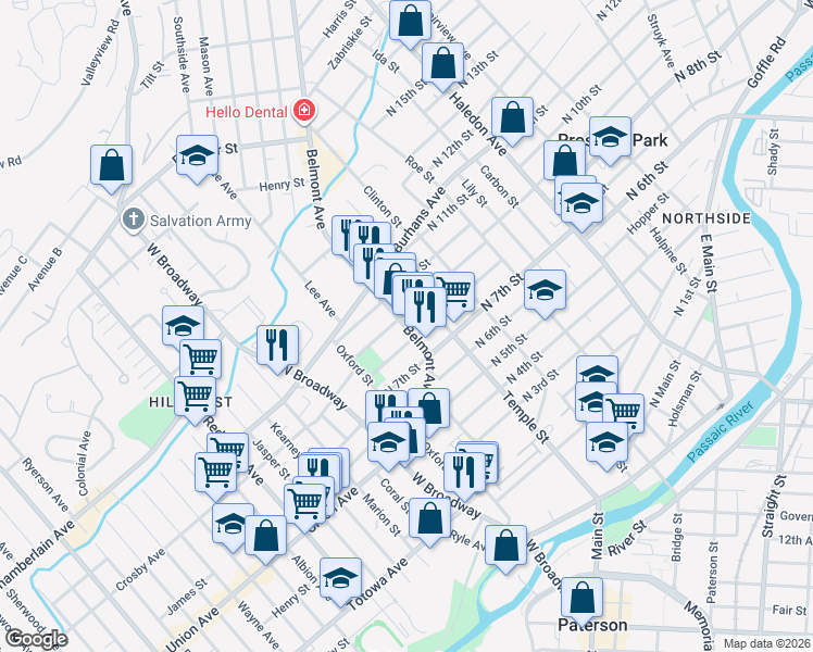 map of restaurants, bars, coffee shops, grocery stores, and more near 120 Belmont Avenue in Paterson