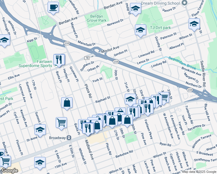 map of restaurants, bars, coffee shops, grocery stores, and more near 3-15 28th Street in Fair Lawn