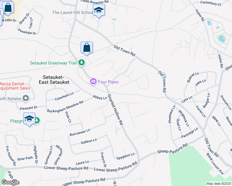 map of restaurants, bars, coffee shops, grocery stores, and more near Setauket Greenway Trail in Setauket- East Setauket